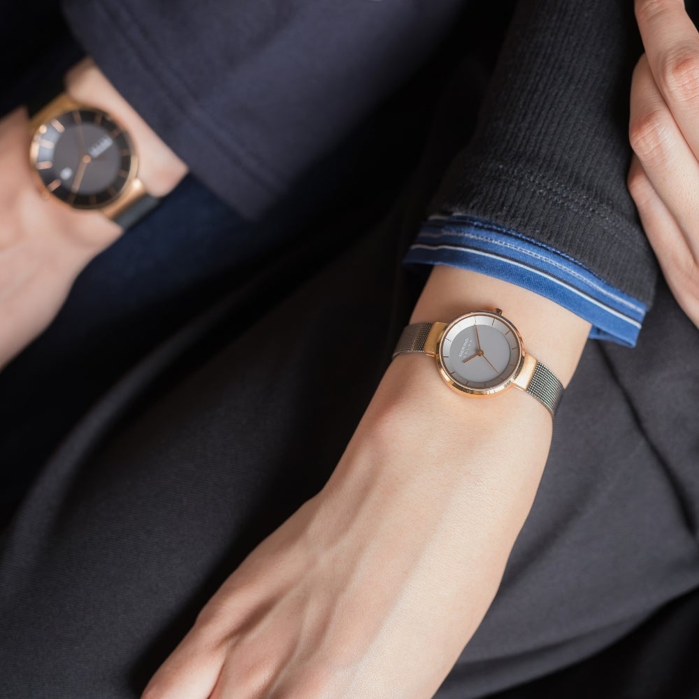 BERING Mens Unisex Scandinavian Solar Black×RoseGold 14639-166（ベーリング ユニセックス腕時計 ソーラー ローズゴールド×ブラック メッシュベルト）