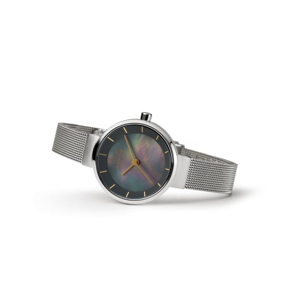 BERING Ladies Scandinavian Solar Gray×Gold 14627-002 （ベーリング レディース腕時計 ソーラー グレー×ゴールド シルバーメッシュベルト ）