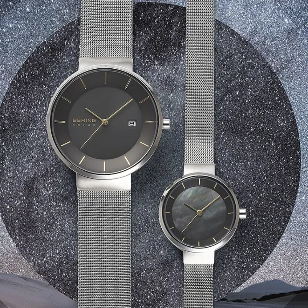 BERING Ladies Scandinavian Solar Gray×Gold 14627-002 （ベーリング レディース腕時計 ソーラー グレー×ゴールド シルバーメッシュベルト ）