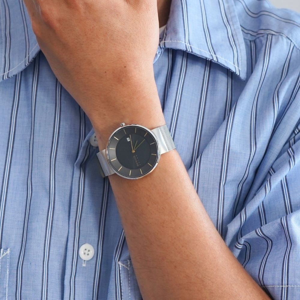 BERING Mens Unisex SCANDINAVIAN SOLAR 14639-003 （ベーリング スカンジナビアンソーラー グレー×ゴールド シルバーメッシュベルト）