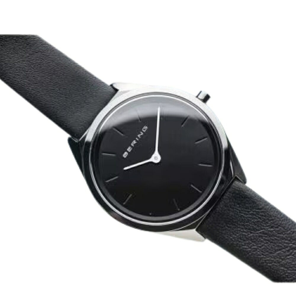 BERING Ladies Unisex Ultra Slim Black＆Silver 17031-402（ベーリング レディース ユニセックス 腕時計 ウルトラスリム ブラックレザーベルト＆シルバーケース）