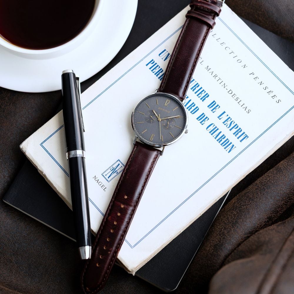 スレートグレイ×ゴールドのベーリングペアウォッチ2点セット BERING Pair Watch Changes Gray×Gold 14240-005 14236-005 （ベーリング ペアウォッチ 腕時計 グレー×ゴールド文字盤 ブラウンレザベルトー＆シルバーメッシュベルト）