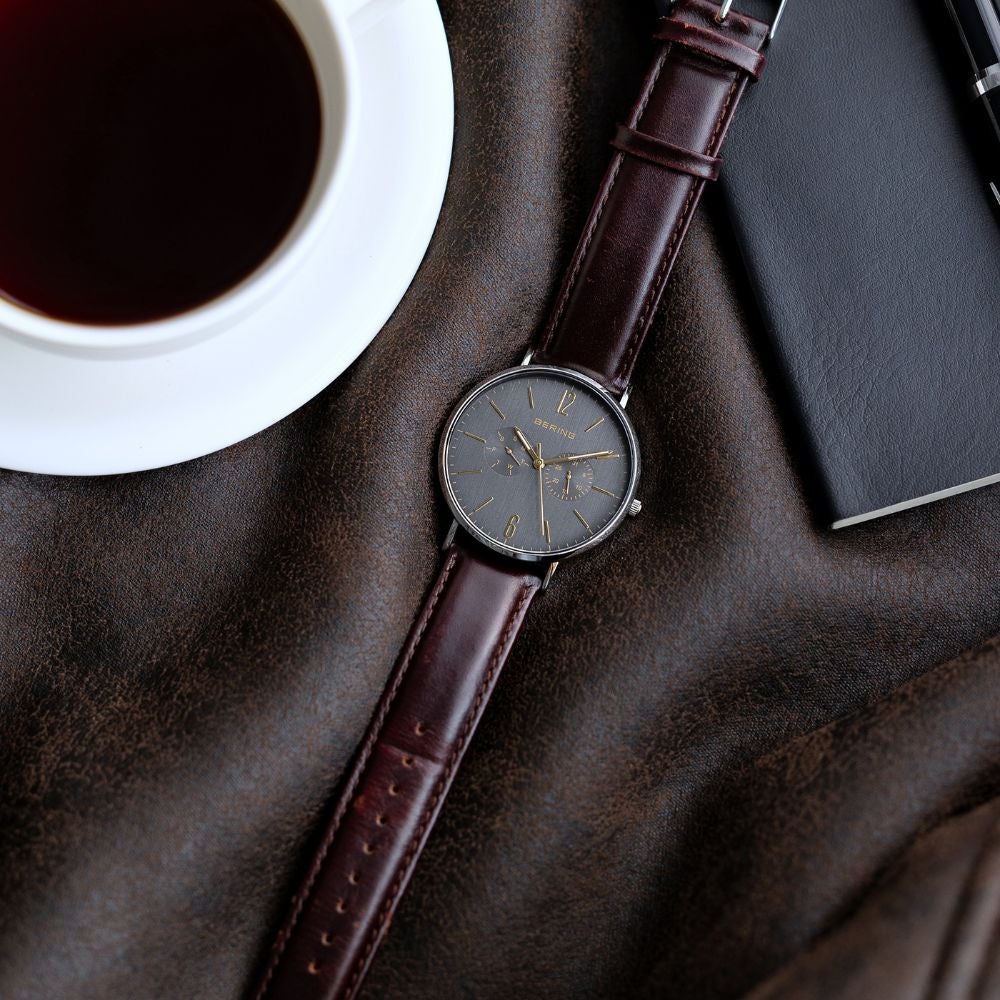 スレートグレイ×ゴールドのベーリングペアウォッチ2点セット BERING Pair Watch Changes Gray×Gold 14240-005 14236-005 （ベーリング ペアウォッチ 腕時計 グレー×ゴールド文字盤 ブラウンレザベルトー＆シルバーメッシュベルト）