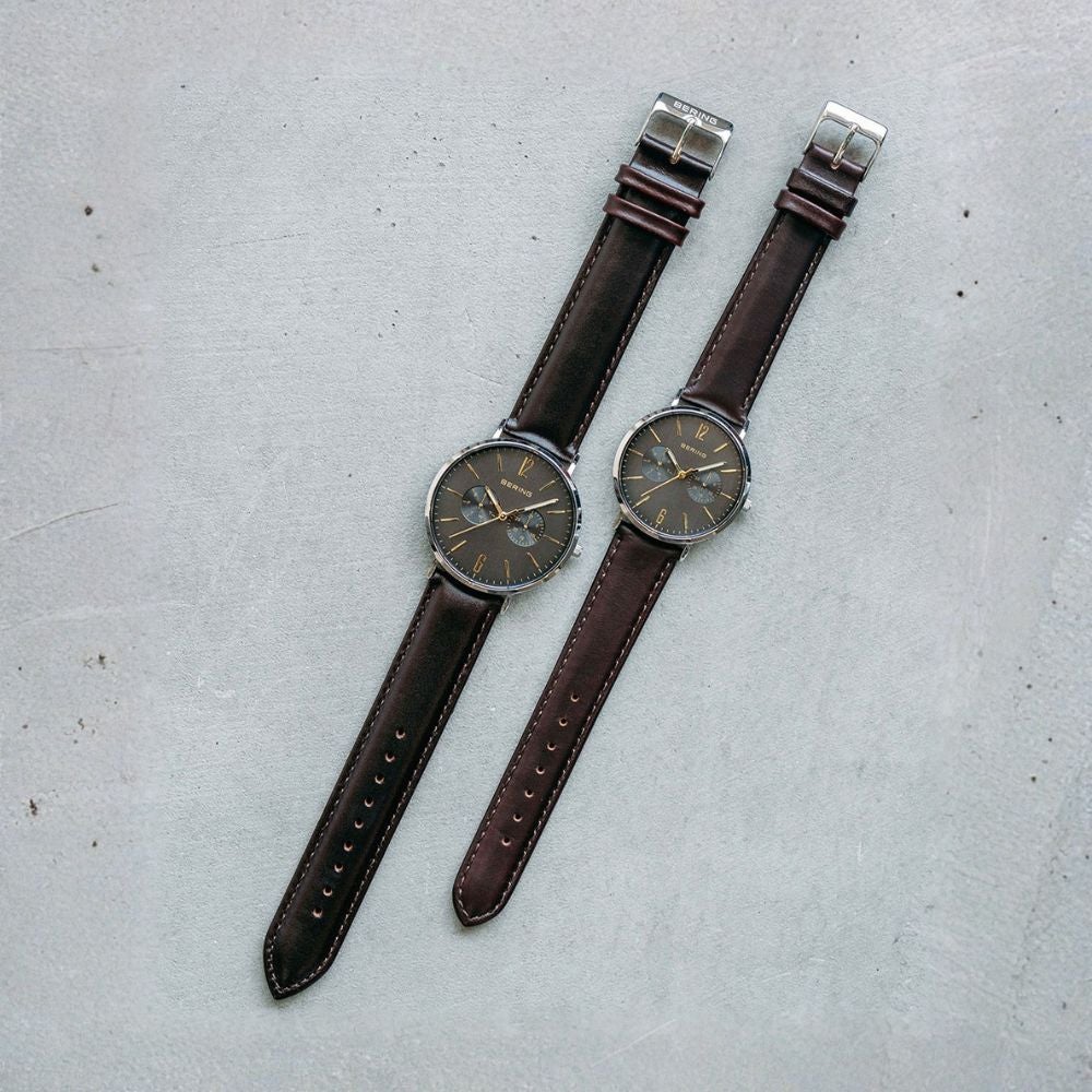 スレートグレイ×ゴールドのベーリングペアウォッチ2点セット BERING Pair Watch Changes Gray×Gold 14240-005 14236-005 （ベーリング ペアウォッチ 腕時計 グレー×ゴールド文字盤 ブラウンレザベルトー＆シルバーメッシュベルト）