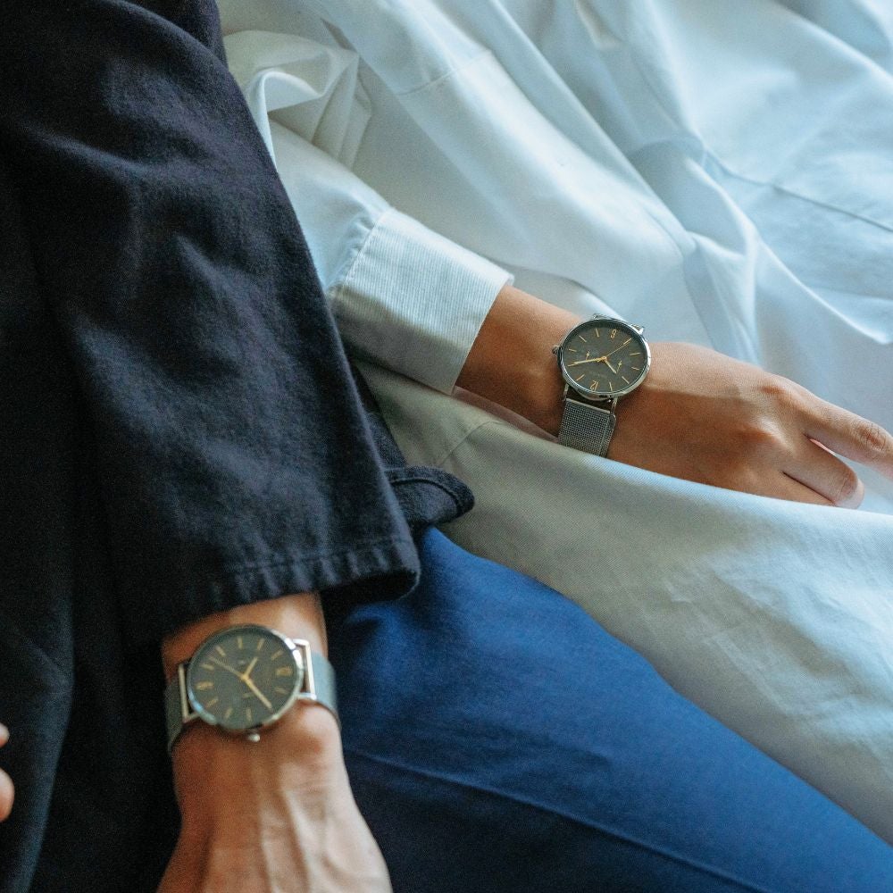 スレートグレイ×ゴールドのベーリングペアウォッチ2点セット BERING Pair Watch Changes Gray×Gold 14240-005 14236-005 （ベーリング ペアウォッチ 腕時計 グレー×ゴールド文字盤 ブラウンレザベルトー＆シルバーメッシュベルト）