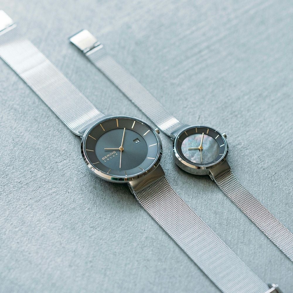 BERING Pair Watch Mens Ladies Unisex SCANDINAVIAN SOLAR 14639-003 14627-002 （ベーリング スカンジナビアンソーラー グレー×ゴールド シルバーメッシュベルト）
