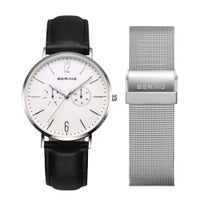 BERING Mens Unisex Changes Black leather＆Silver mesh 14240-004 （ベーリング メンズ ユニセックス 腕時計 チェンジズ ブラックレザー＆シルバーメッシュベルト 白文字盤