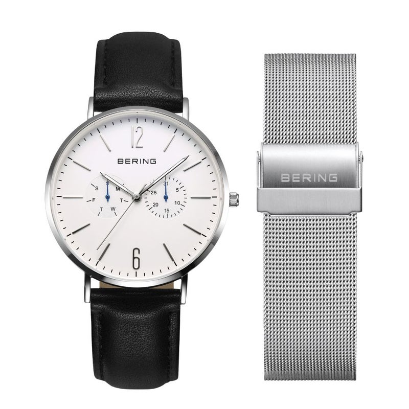 BERING Mens Unisex Changes Black leather＆Silver mesh 14240-004 （ベーリング メンズ ユニセックス 腕時計 チェンジズ ブラックレザー＆シルバーメッシュベルト 白文字盤