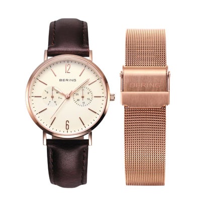  BERING Ladies Unisex Changes Brown leather＆Silver mesh 14236-366 （ベーリング レディース ユニセックス 腕時計 チェンジズ ブラウンレザー＆ローズゴールドメッシュベルト）