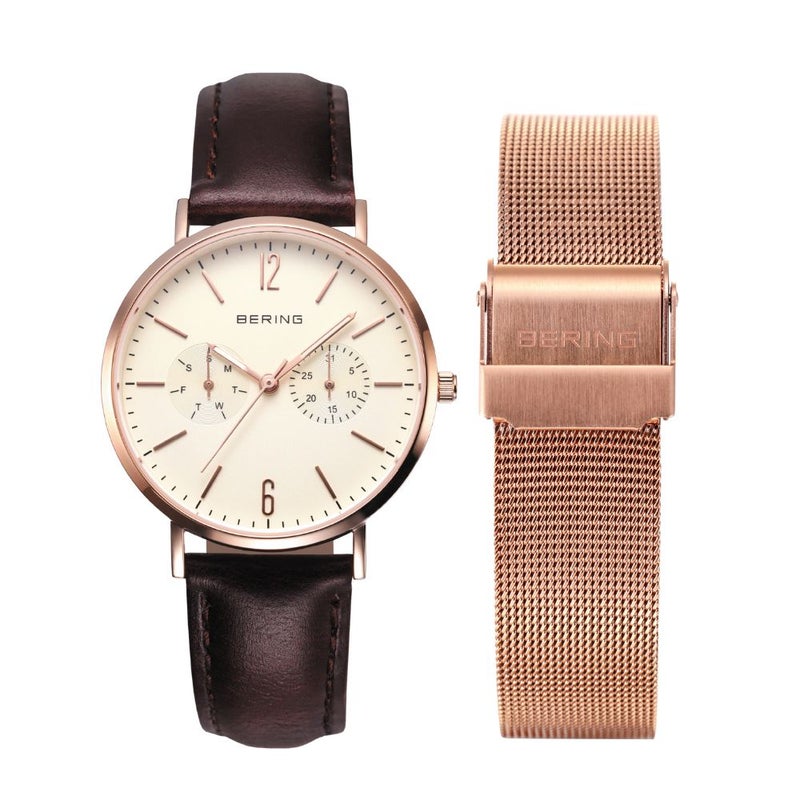  BERING Ladies Unisex Changes Brown leather＆Silver mesh 14236-366 （ベーリング レディース ユニセックス 腕時計 チェンジズ ブラウンレザー＆ローズゴールドメッシュベルト）