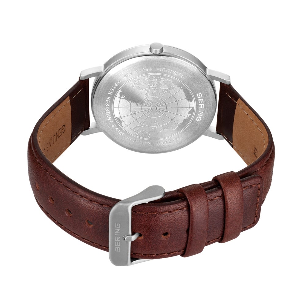 BERING Mens Unisex Air Titanium Navy×Brown 18640-505 （ベーリング メンズ ユニセックス 腕時計 エアチタニウム 青文字盤×ブラウンレザー）